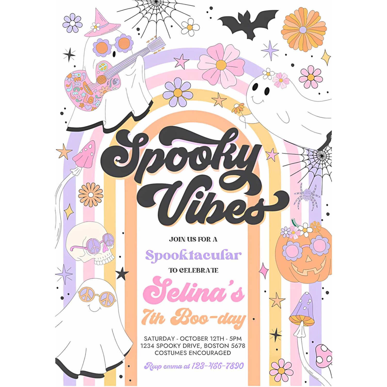 Editable halloween spooky vibes ghost birthday party invitation retro groovy rainbow ghost birthday hippie halloween instant download l3 4
