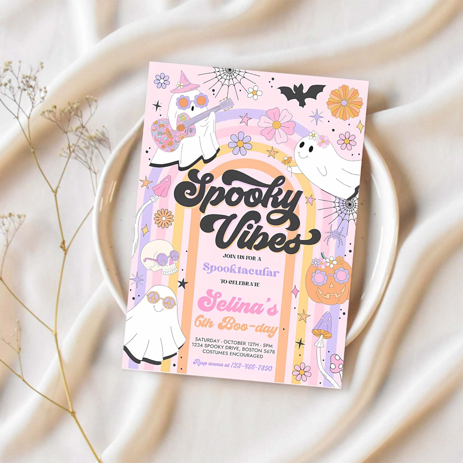 Editable halloween spooky vibes ghost birthday party invitation retro groovy rainbow ghost birthday hippie halloween instant download v6 1