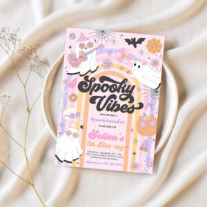 Editable halloween spooky vibes ghost birthday party invitation retro groovy rainbow ghost birthday hippie halloween instant download v6 1