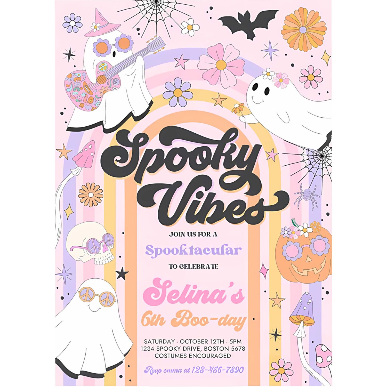 Editable halloween spooky vibes ghost birthday party invitation retro groovy rainbow ghost birthday hippie halloween instant download v6 4