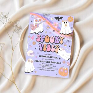 Editable halloween spooky vibes ghost birthday party invitation retro groovy rainbow ghost birthday hippie halloween instant download v7 1