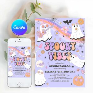 Spooky Vibes Invitation, Halloween Spooky Vibes Ghost Birthday Party Invitation Retro Groovy Rainbow Ghost Birthday Hippie Halloween