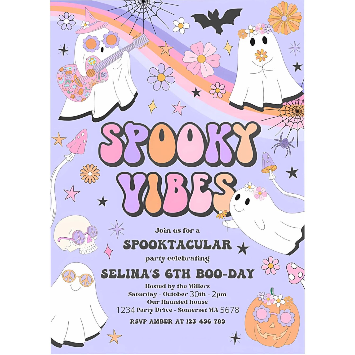 Editable halloween spooky vibes ghost birthday party invitation retro groovy rainbow ghost birthday hippie halloween instant download v7 4