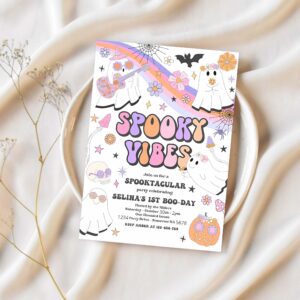 Editable halloween spooky vibes ghost birthday party invitation retro groovy rainbow ghost birthday hippie halloween instant download v9 1