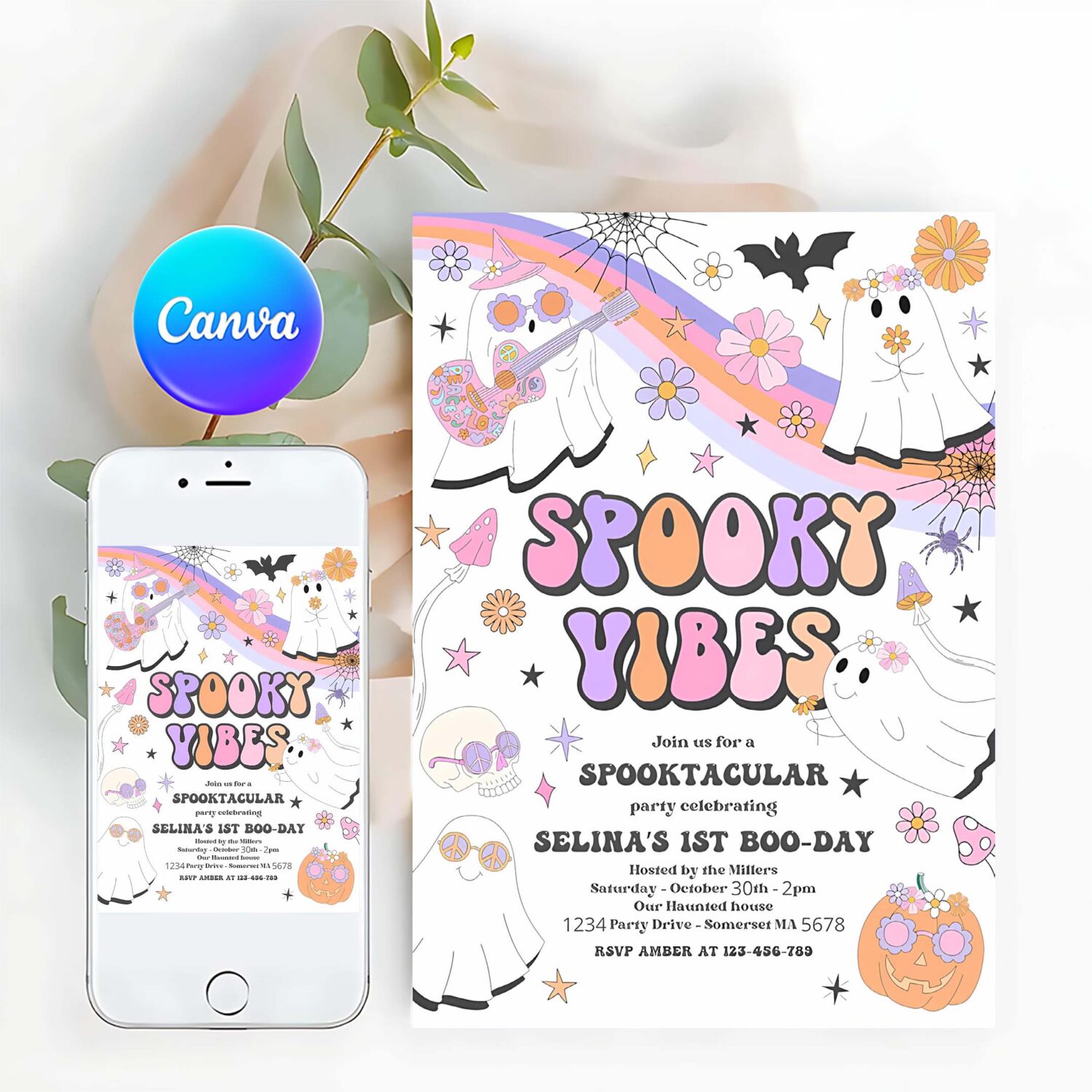 Editable halloween spooky vibes ghost birthday party invitation retro groovy rainbow ghost birthday hippie halloween instant download v9