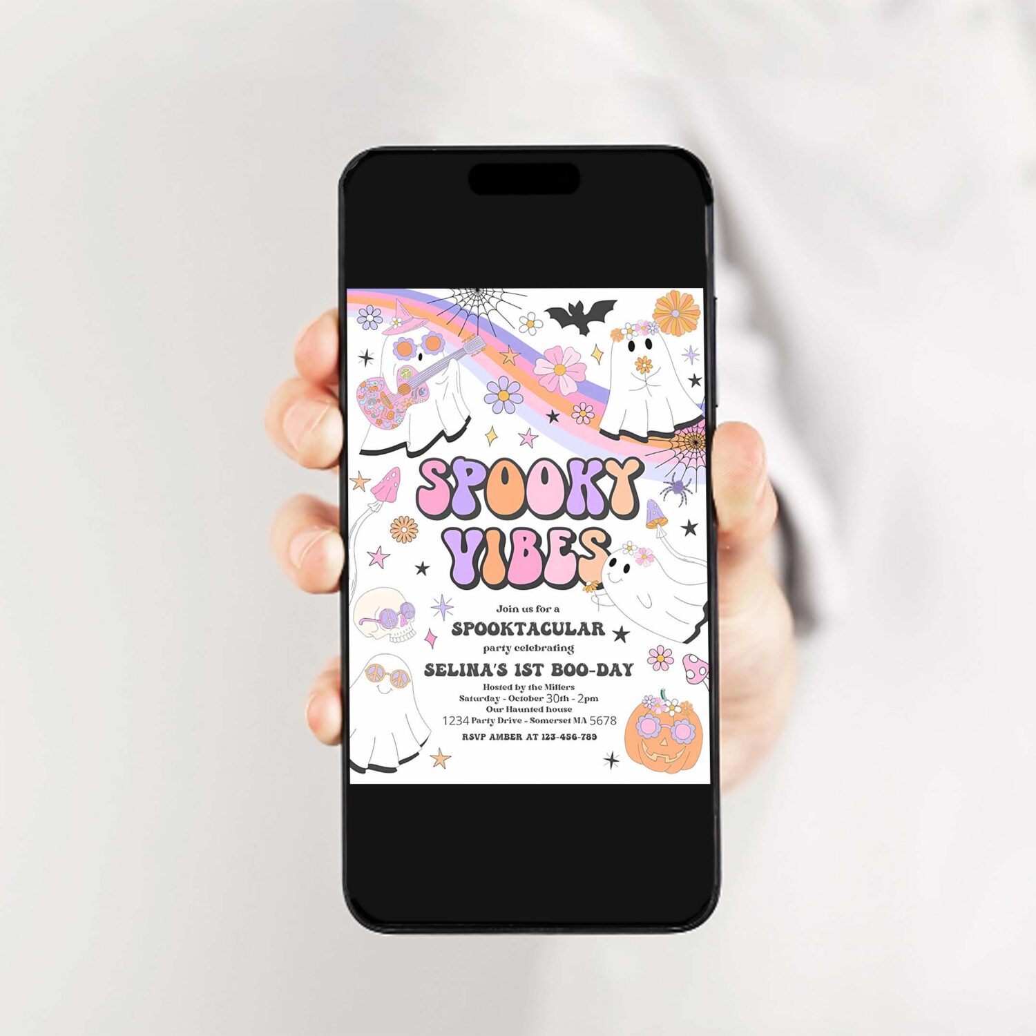 Editable halloween spooky vibes ghost birthday party invitation retro groovy rainbow ghost birthday hippie halloween instant download v9 2
