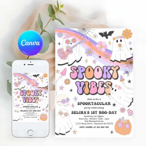 Spooky Vibes Invitation, Halloween Spooky Vibes Ghost Birthday Party Invitation Retro Groovy Rainbow Ghost Birthday Hippie Halloween