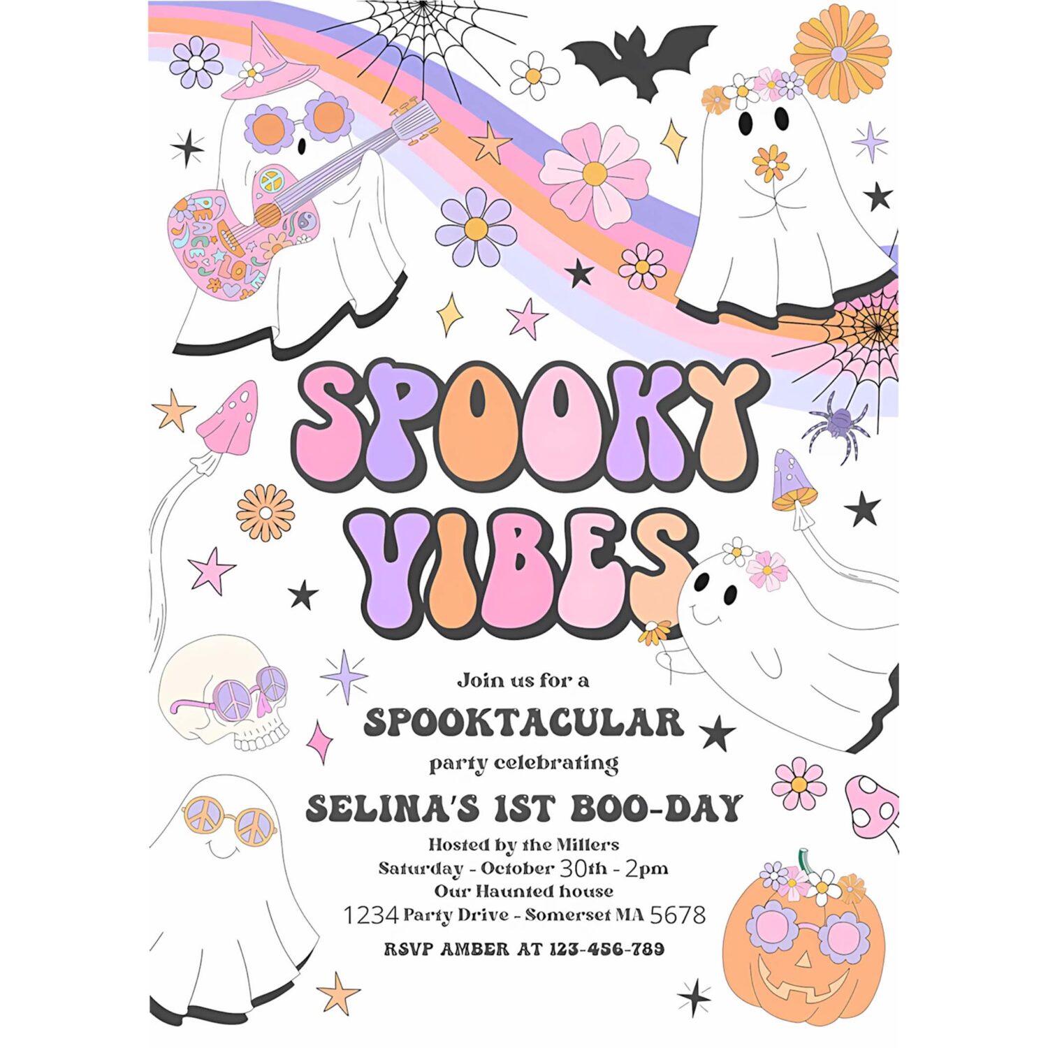 Editable halloween spooky vibes ghost birthday party invitation retro groovy rainbow ghost birthday hippie halloween instant download v9 4