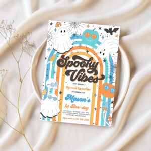 Editable halloween spooky vibes ghost birthday party invitation retro groovy rainbow ghost birthday hippie halloween instant download vh 1