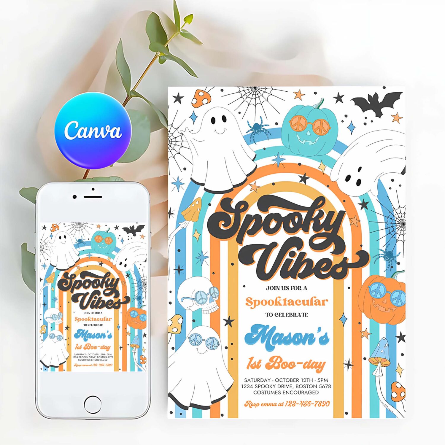 Editable halloween spooky vibes ghost birthday party invitation retro groovy rainbow ghost birthday hippie halloween instant download vh