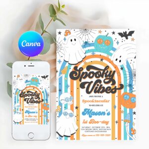 Spooky Vibes Invitation, Halloween Spooky Vibes Ghost Birthday Party Invitation Retro Groovy Rainbow Ghost Birthday Hippie Halloween