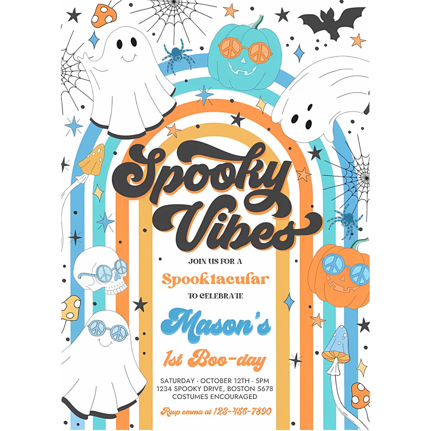 Editable halloween spooky vibes ghost birthday party invitation retro groovy rainbow ghost birthday hippie halloween instant download vh 4