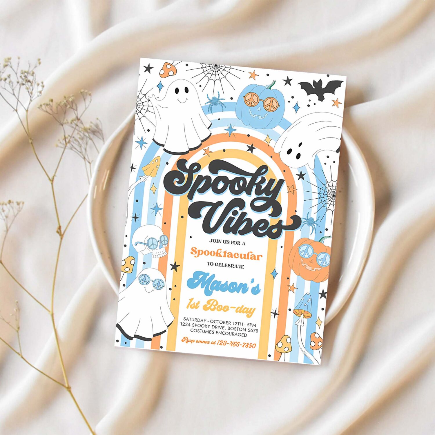 Editable halloween spooky vibes ghost birthday party invitation retro groovy rainbow ghost birthday hippie halloween instant download vn 1