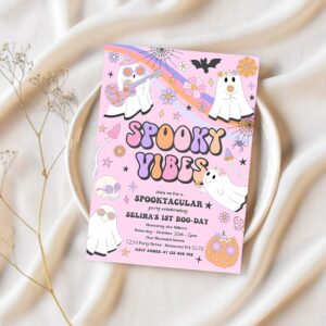 Editable halloween spooky vibes ghost birthday party invitation retro groovy rainbow ghost birthday hippie halloween instant download vu 1