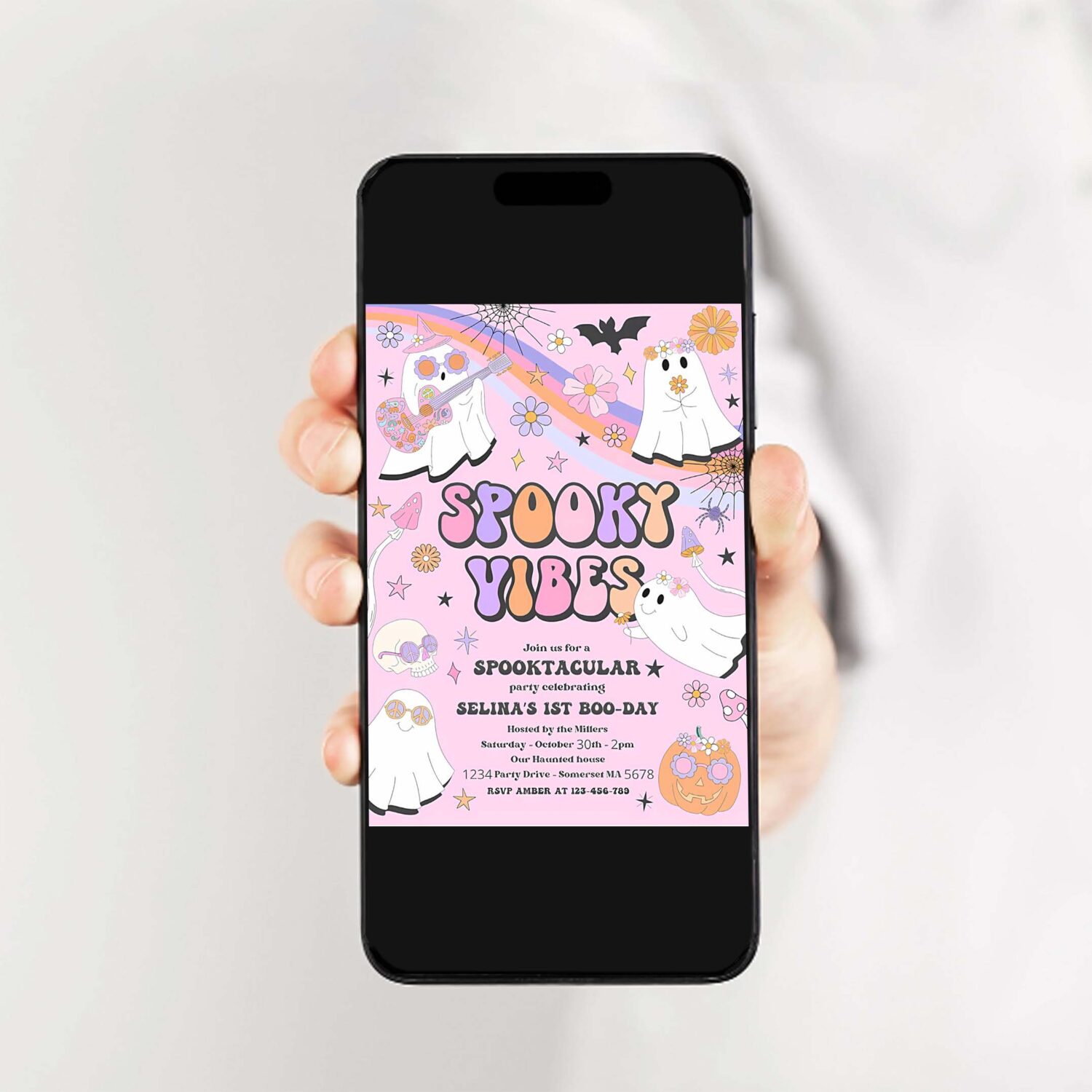 Editable halloween spooky vibes ghost birthday party invitation retro groovy rainbow ghost birthday hippie halloween instant download vu 2