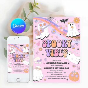 Spooky Vibes Invitation, Halloween Spooky Vibes Ghost Birthday Party Invitation Retro Groovy Rainbow Ghost Birthday Hippie Halloween