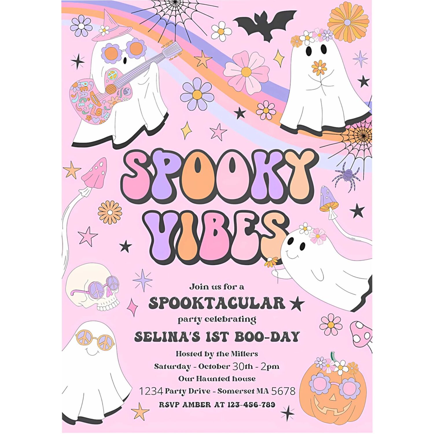 Editable halloween spooky vibes ghost birthday party invitation retro groovy rainbow ghost birthday hippie halloween instant download vu 4