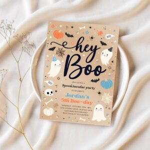 Editable halloween vintage blue ghost birthday invitation hey boo cute ghost birthday party spooktacular halloween party instant download di 1
