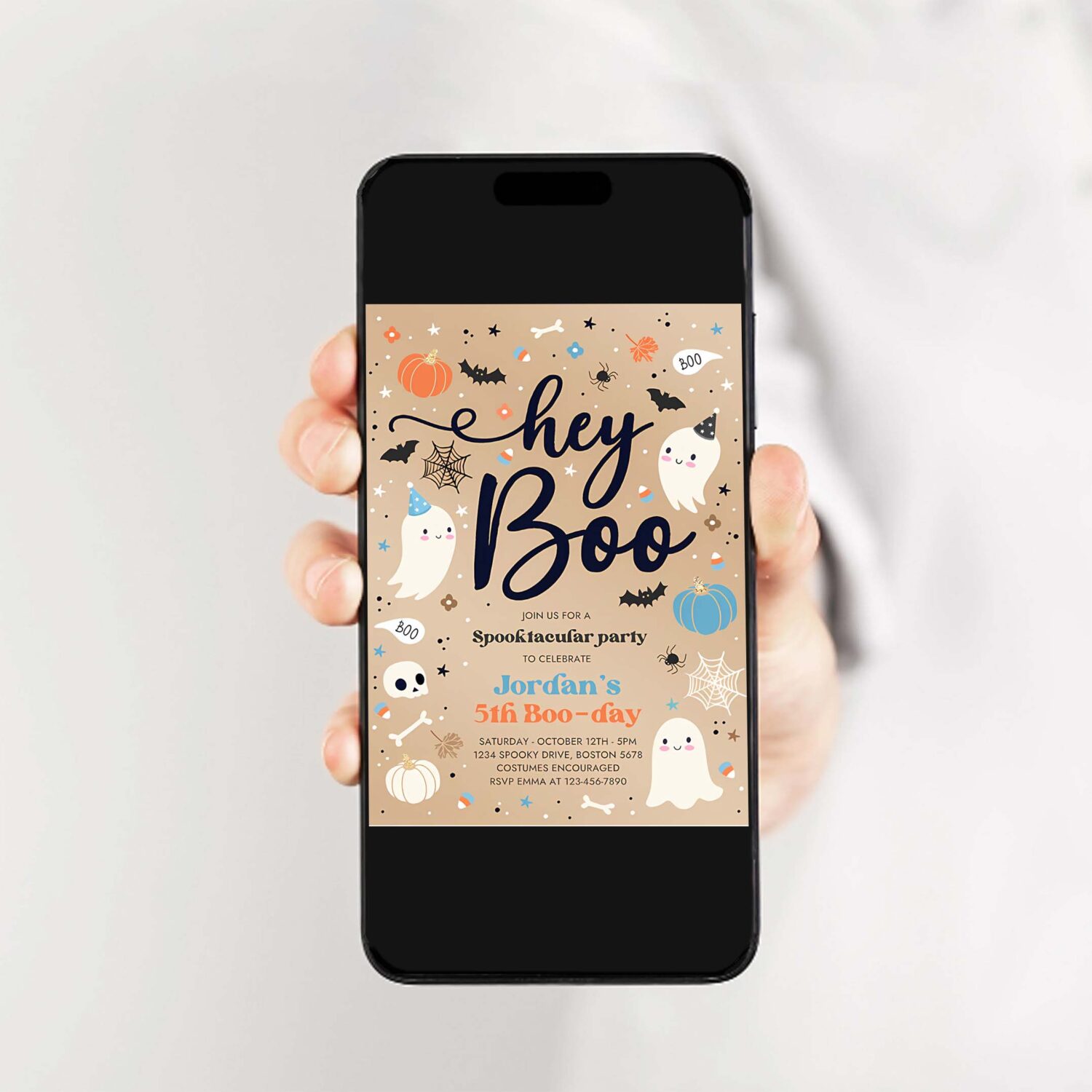 Editable halloween vintage blue ghost birthday invitation hey boo cute ghost birthday party spooktacular halloween party instant download di 2