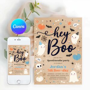 Hey Boo Invitation, Halloween Vintage Blue Ghost Birthday Invitation Hey Boo Cute Ghost Birthday Party Spooktacular Halloween Party