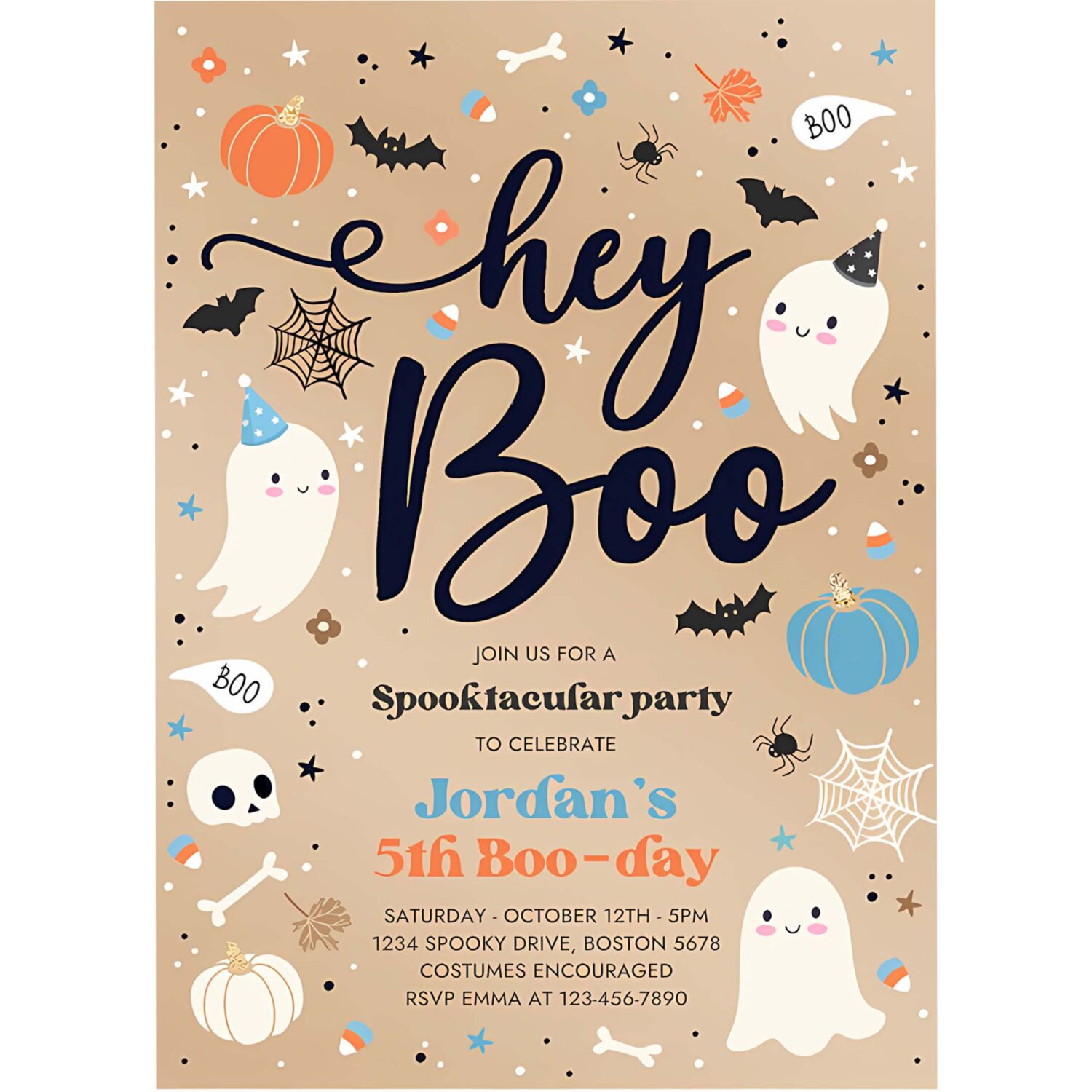 Editable halloween vintage blue ghost birthday invitation hey boo cute ghost birthday party spooktacular halloween party instant download di 4