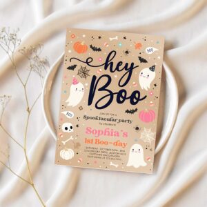 Editable halloween vintage pink ghost birthday invitation hey boo cute ghost birthday spooktacular halloween party instant download f8u 1