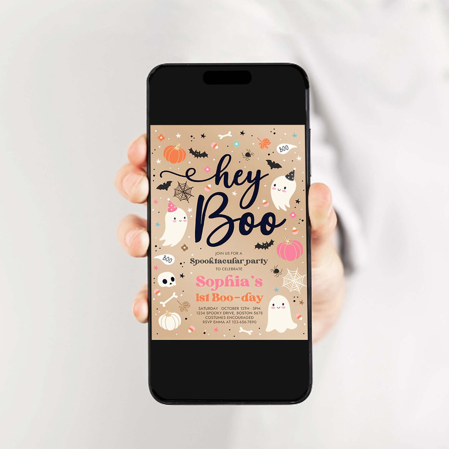 Editable halloween vintage pink ghost birthday invitation hey boo cute ghost birthday spooktacular halloween party instant download f8u 2