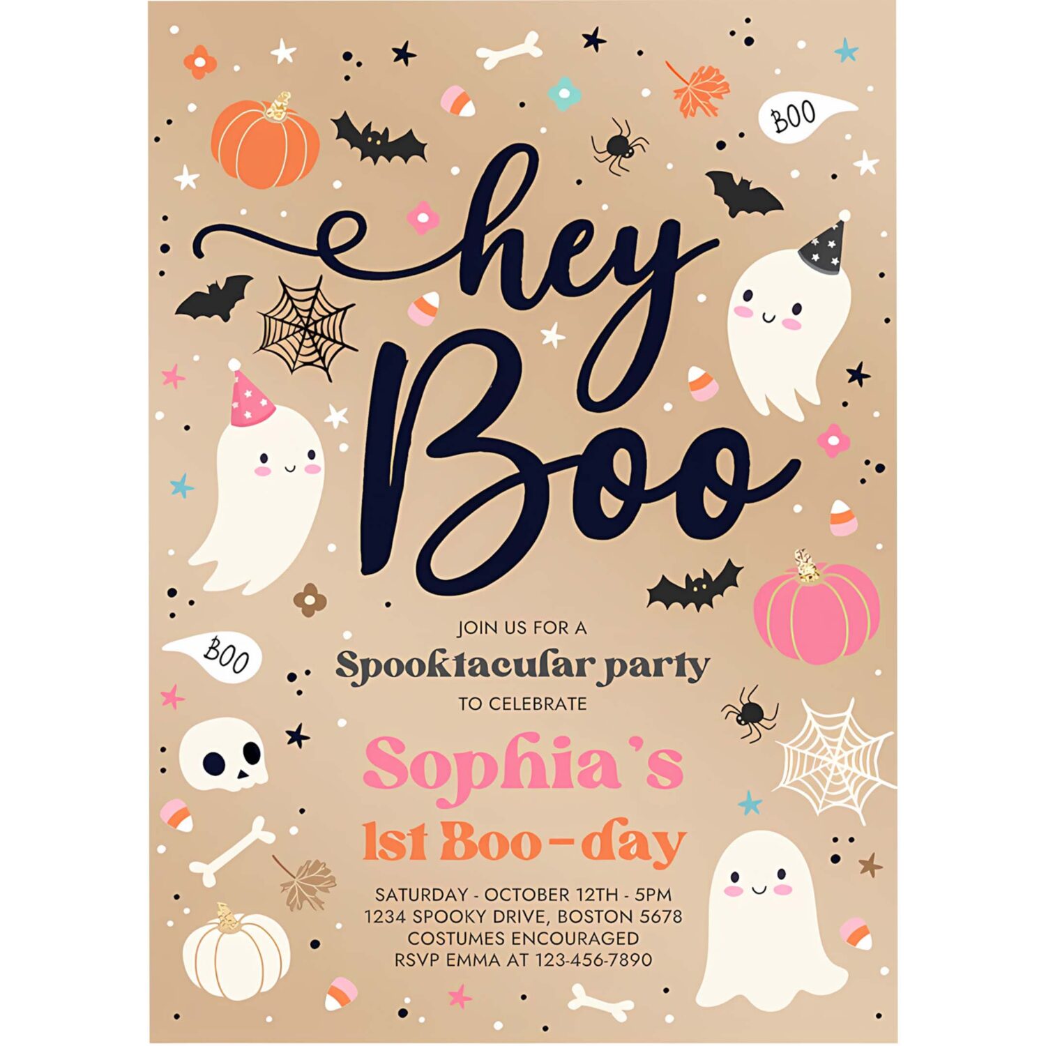 Editable halloween vintage pink ghost birthday invitation hey boo cute ghost birthday spooktacular halloween party instant download f8u 4