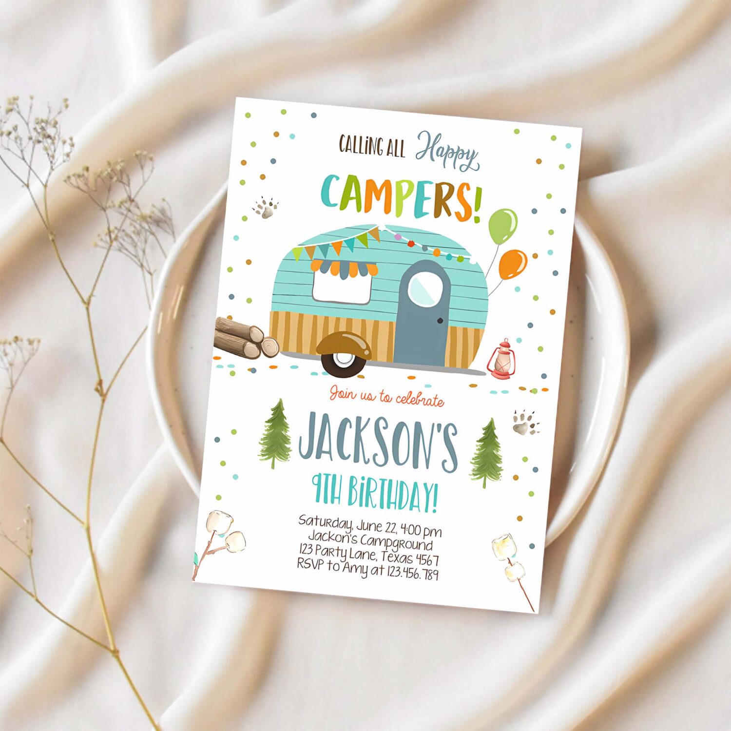 Editable happy camper birthday invitation boy birthday camping party smore forest glamping download printable template digital corjl 0342 1
