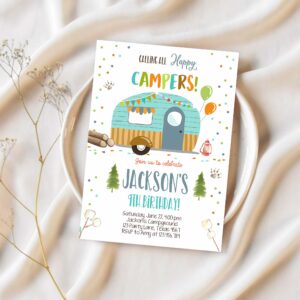 Editable happy camper birthday invitation boy birthday camping party smore forest glamping download printable template digital corjl 0342 1