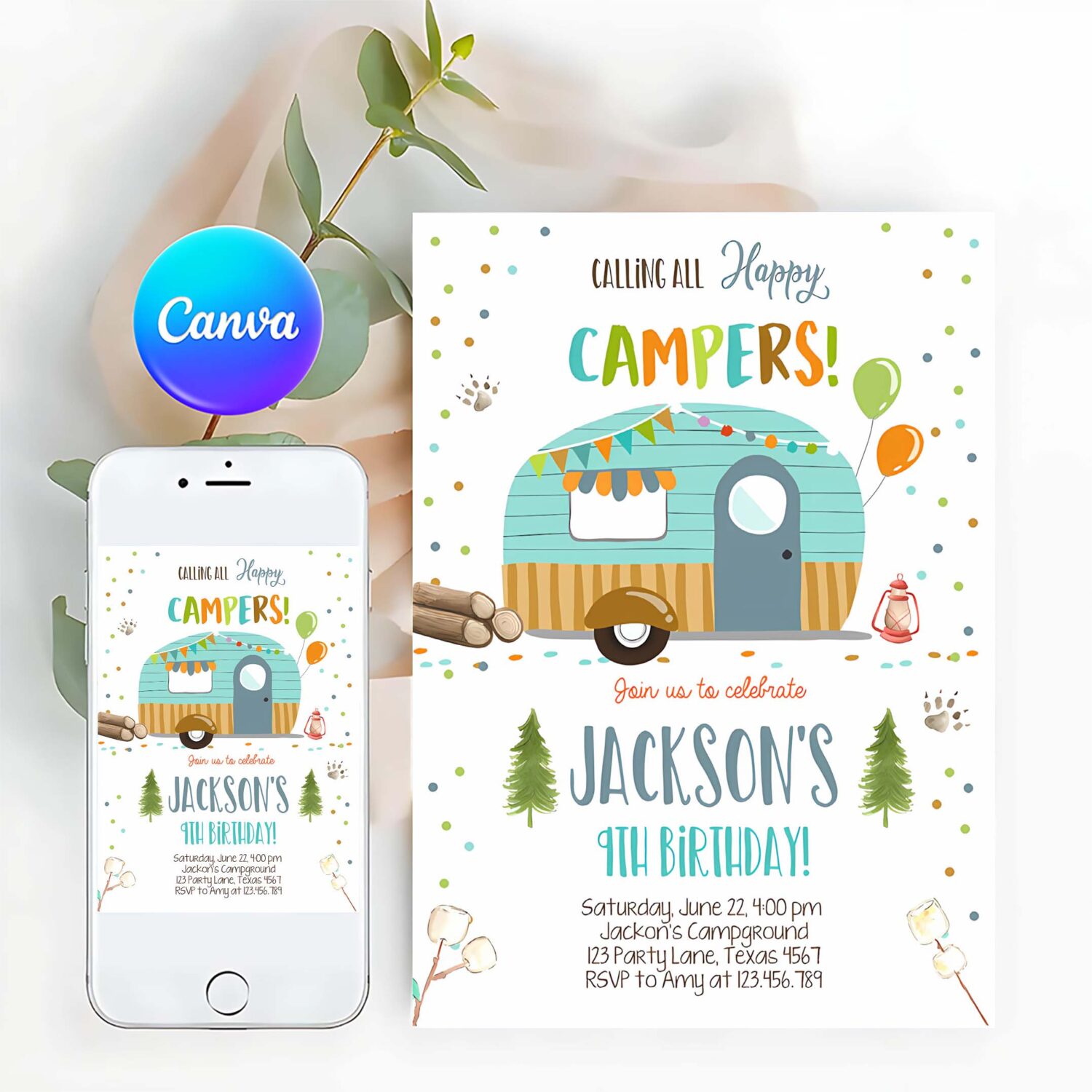 Editable happy camper birthday invitation boy birthday camping party smore forest glamping download printable template digital corjl 0342