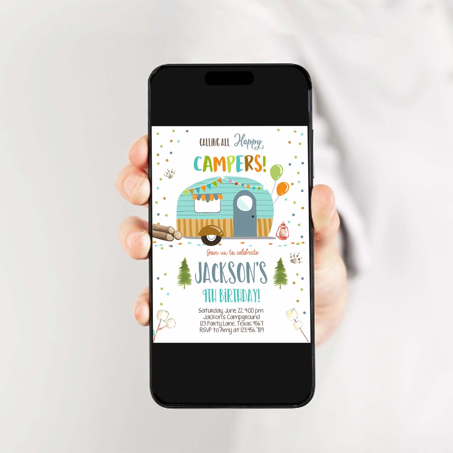 Editable happy camper birthday invitation boy birthday camping party smore forest glamping download printable template digital corjl 0342 2