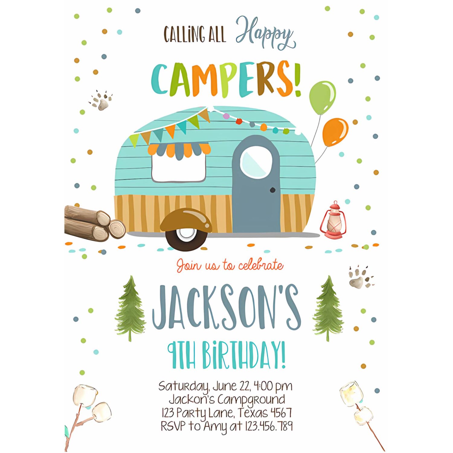 Editable happy camper birthday invitation boy birthday camping party smore forest glamping download printable template digital corjl 0342 4