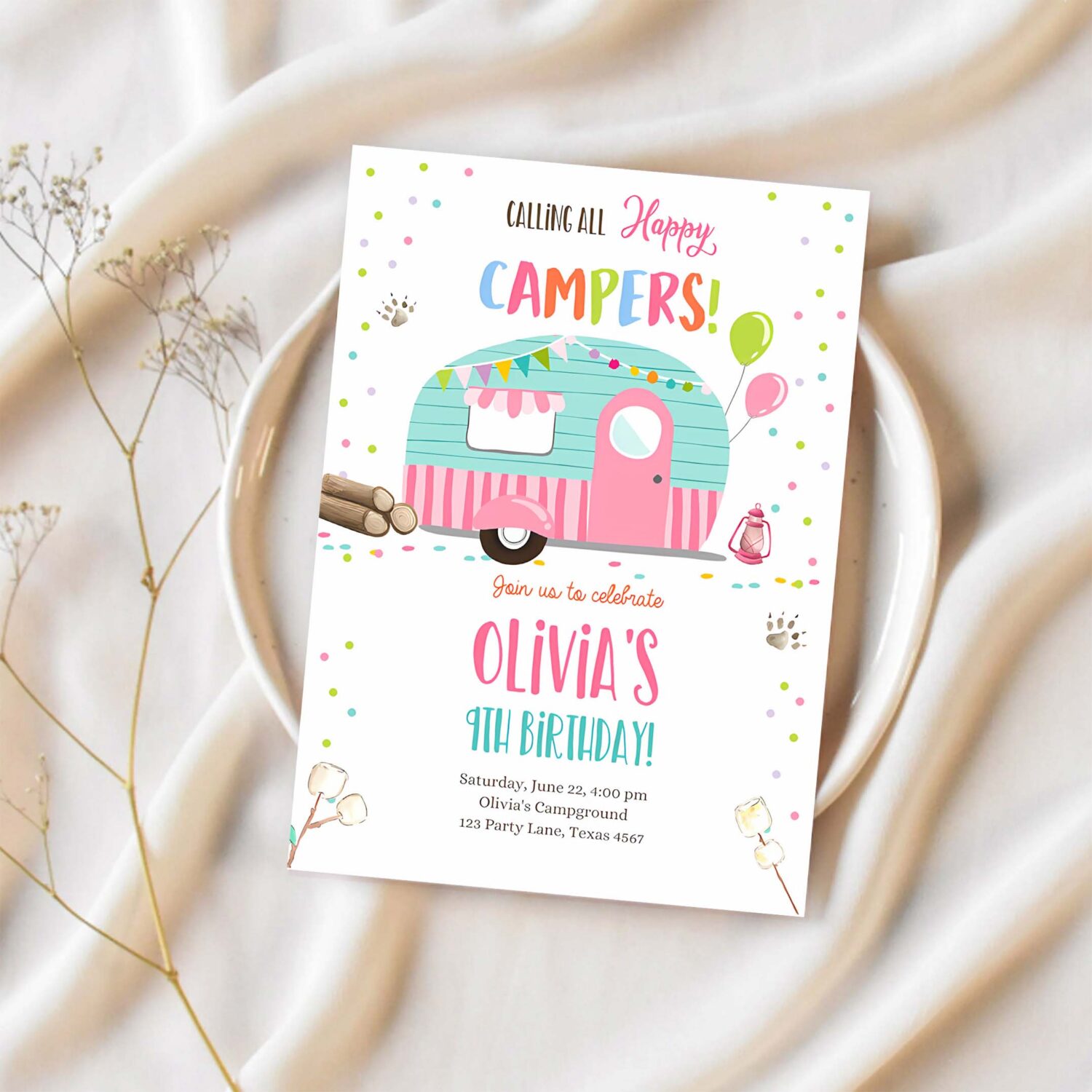 Editable happy camper birthday invitation girl pink camping party pink camper glamping download printable template 1