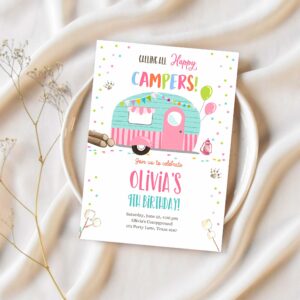 Editable happy camper birthday invitation girl pink camping party pink camper glamping download printable template 1