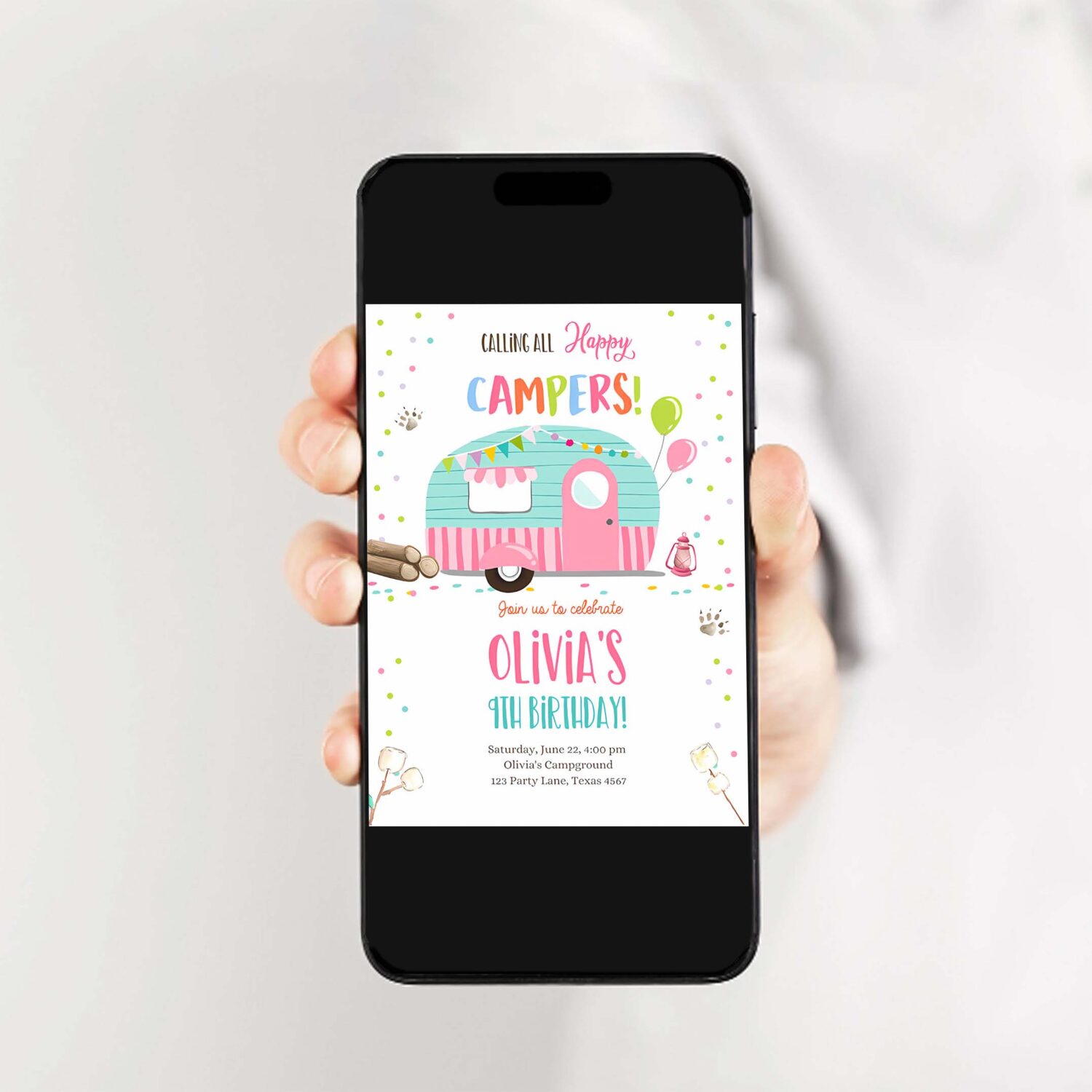 Editable happy camper birthday invitation girl pink camping party pink camper glamping download printable template 2