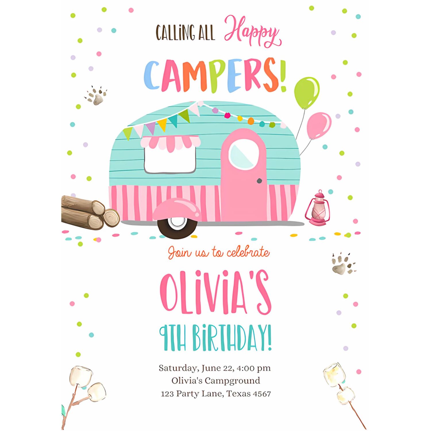 Editable happy camper birthday invitation girl pink camping party pink camper glamping download printable template 4