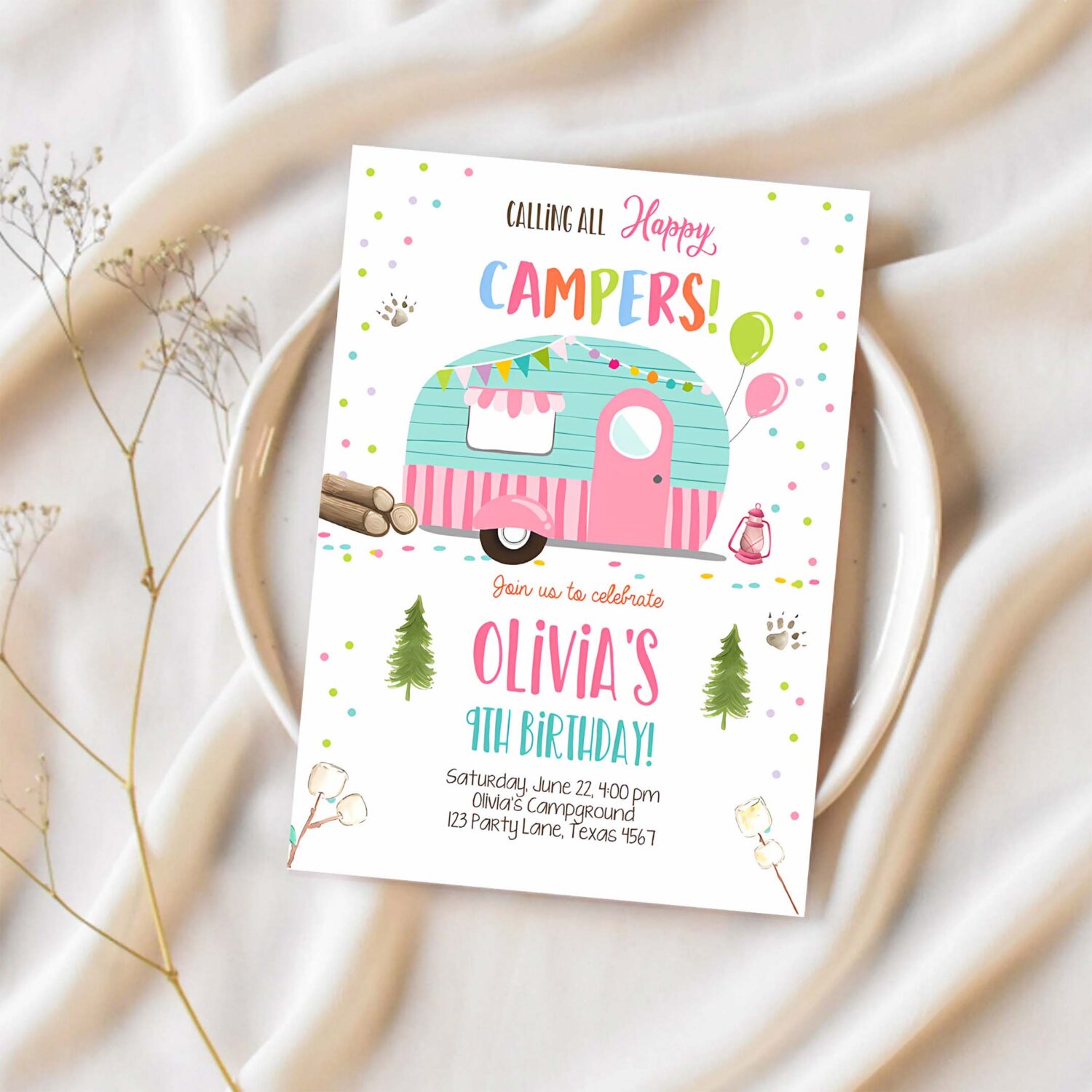 Editable happy camper birthday invitation girl pink camping party pink camper glamping download printable template digital corjl 0342 1