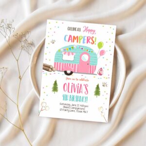 Editable happy camper birthday invitation girl pink camping party pink camper glamping download printable template digital corjl 0342 1