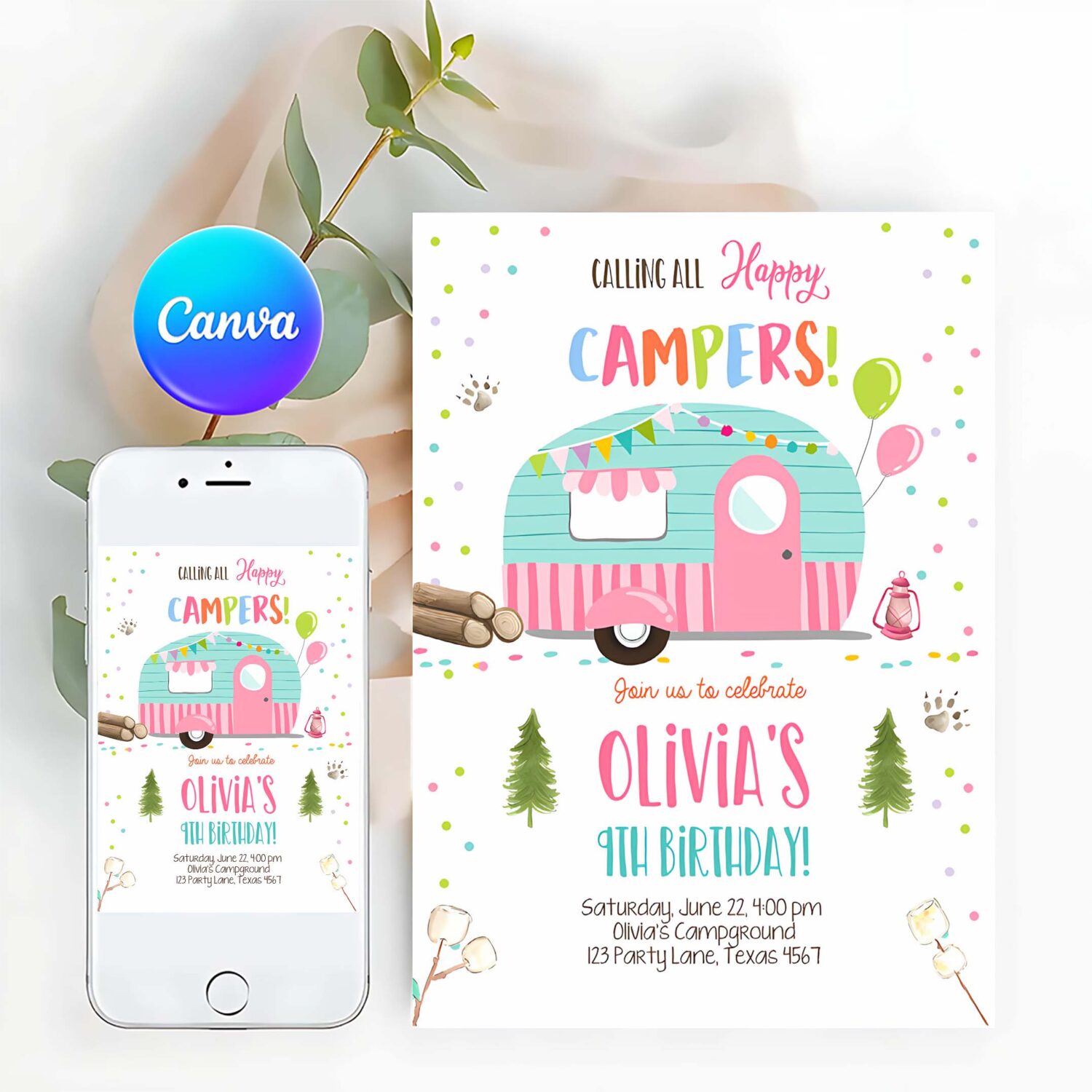 Editable happy camper birthday invitation girl pink camping party pink camper glamping download printable template digital corjl 0342