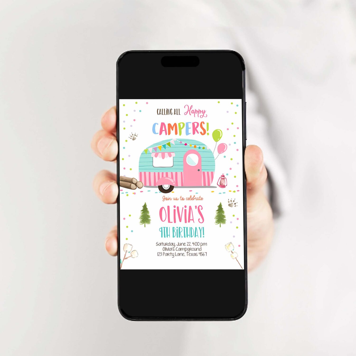 Editable happy camper birthday invitation girl pink camping party pink camper glamping download printable template digital corjl 0342 2