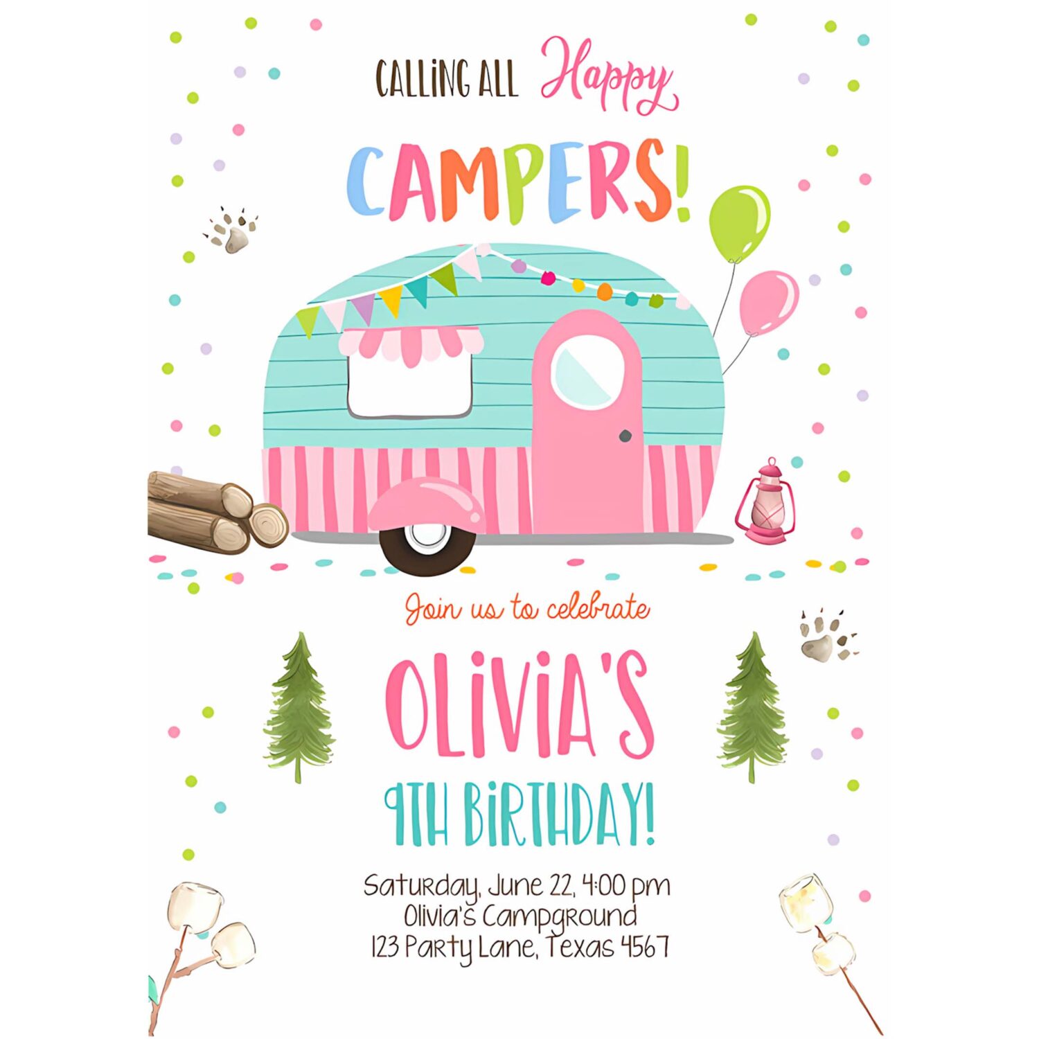 Editable happy camper birthday invitation girl pink camping party pink camper glamping download printable template digital corjl 0342 4