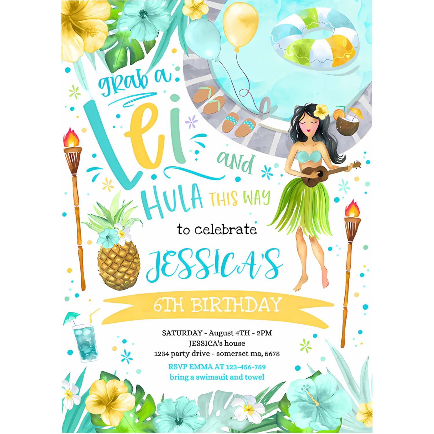 Editable hawaiian luau birthday invitation pineapple luau birthday party pineapple hawaiian birthday luau pool party 4