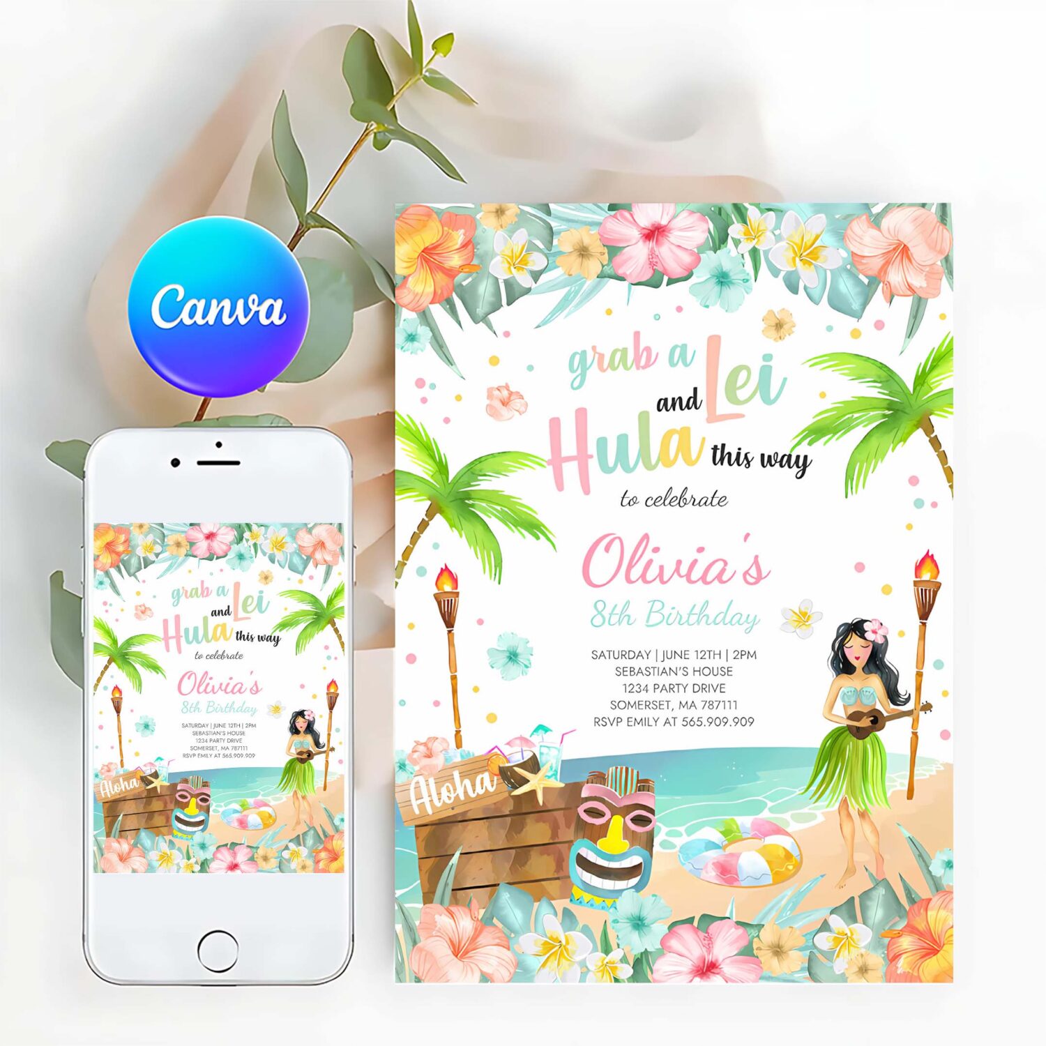 Editable hawaiian luau birthday party invitation tropical luau pool party birthday party hawaiian birthday luau pool party
