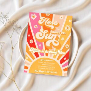 Editable here come the sun 1st birthday invitation retro daisy rainbow sunshine 1st trip around the sun birthday party 1