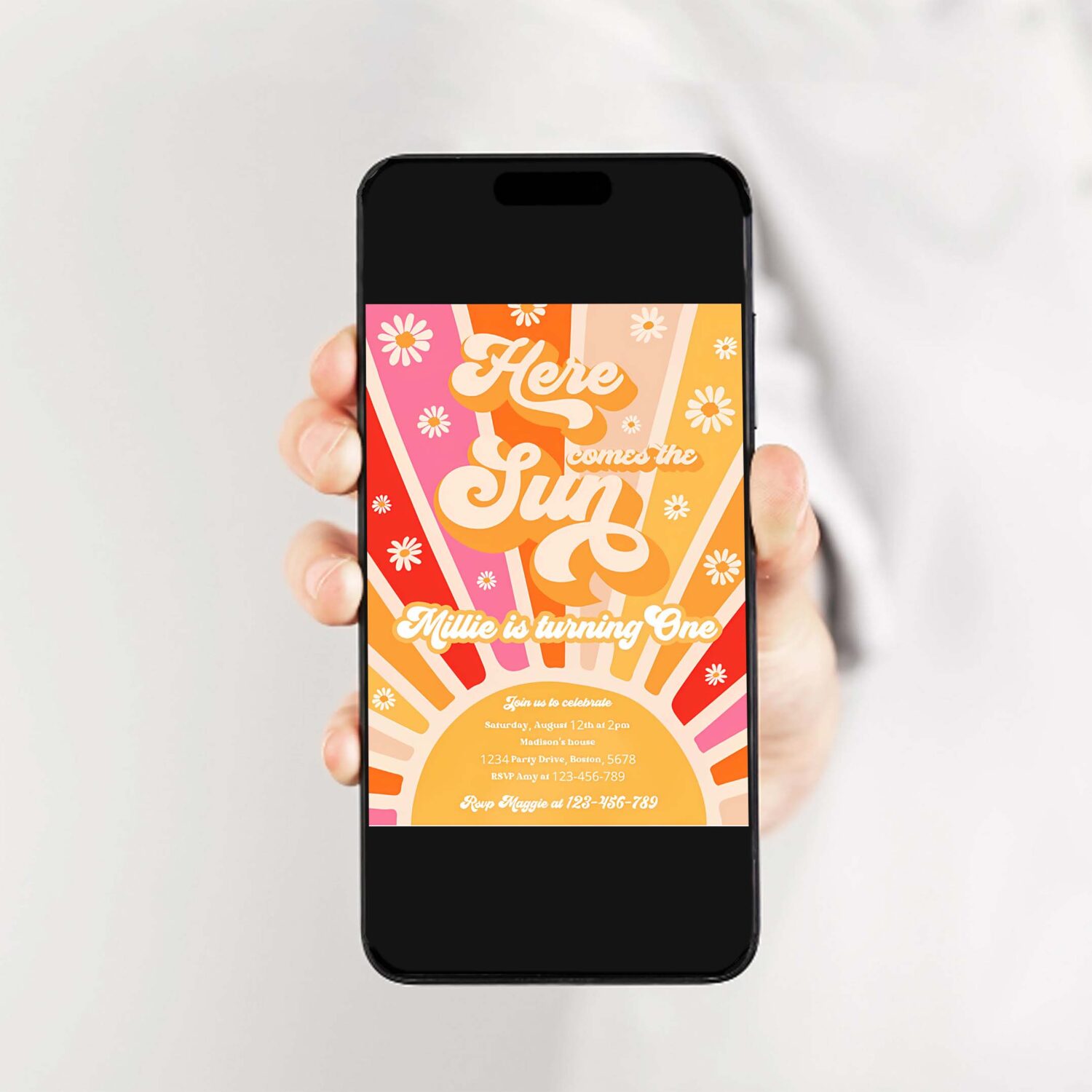 Editable here come the sun 1st birthday invitation retro daisy rainbow sunshine 1st trip around the sun birthday party 2
