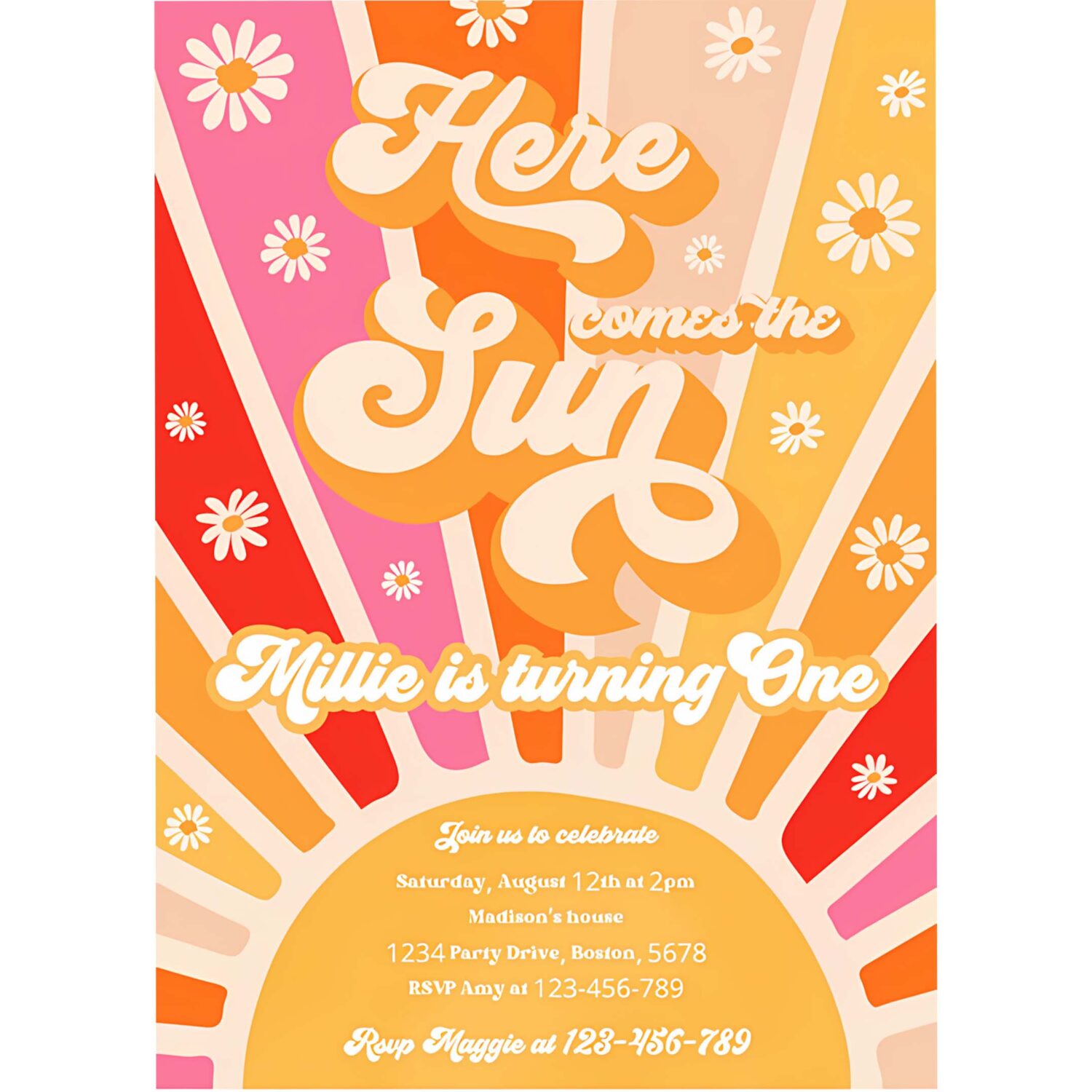 Editable here come the sun 1st birthday invitation retro daisy rainbow sunshine 1st trip around the sun birthday party 4