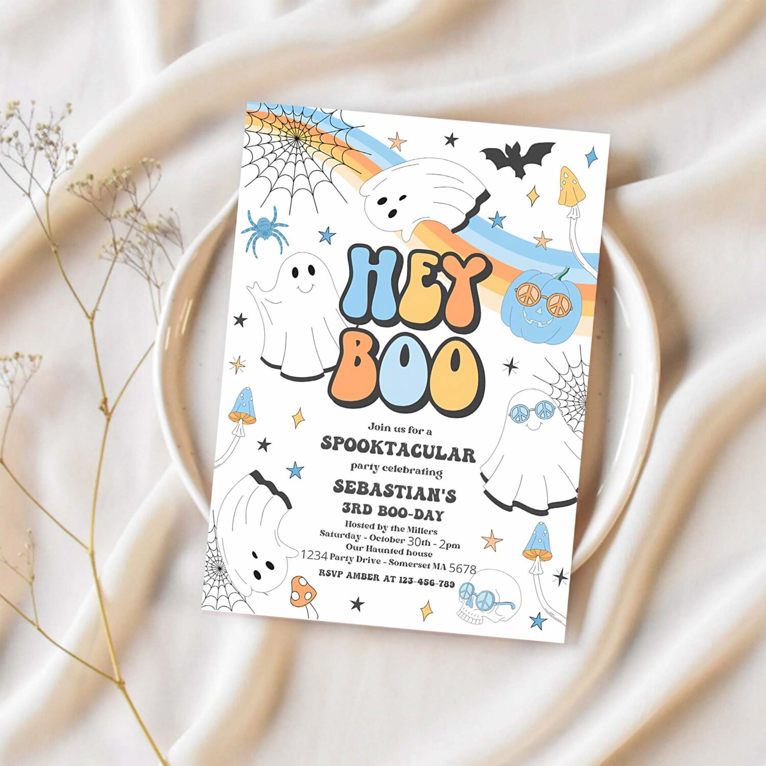 Editable hey boo cute halloween ghost 1st birthday invitation retro groovy ghost birthday hippie halloween party instant download vaq 1