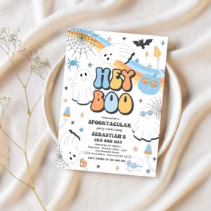 Editable hey boo cute halloween ghost 1st birthday invitation retro groovy ghost birthday hippie halloween party instant download vaq 1
