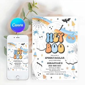 Hey Boo Invitation, Hey Boo Cute Halloween Ghost 1st Birthday Invitation Retro Groovy Ghost Birthday Hippie Halloween Party